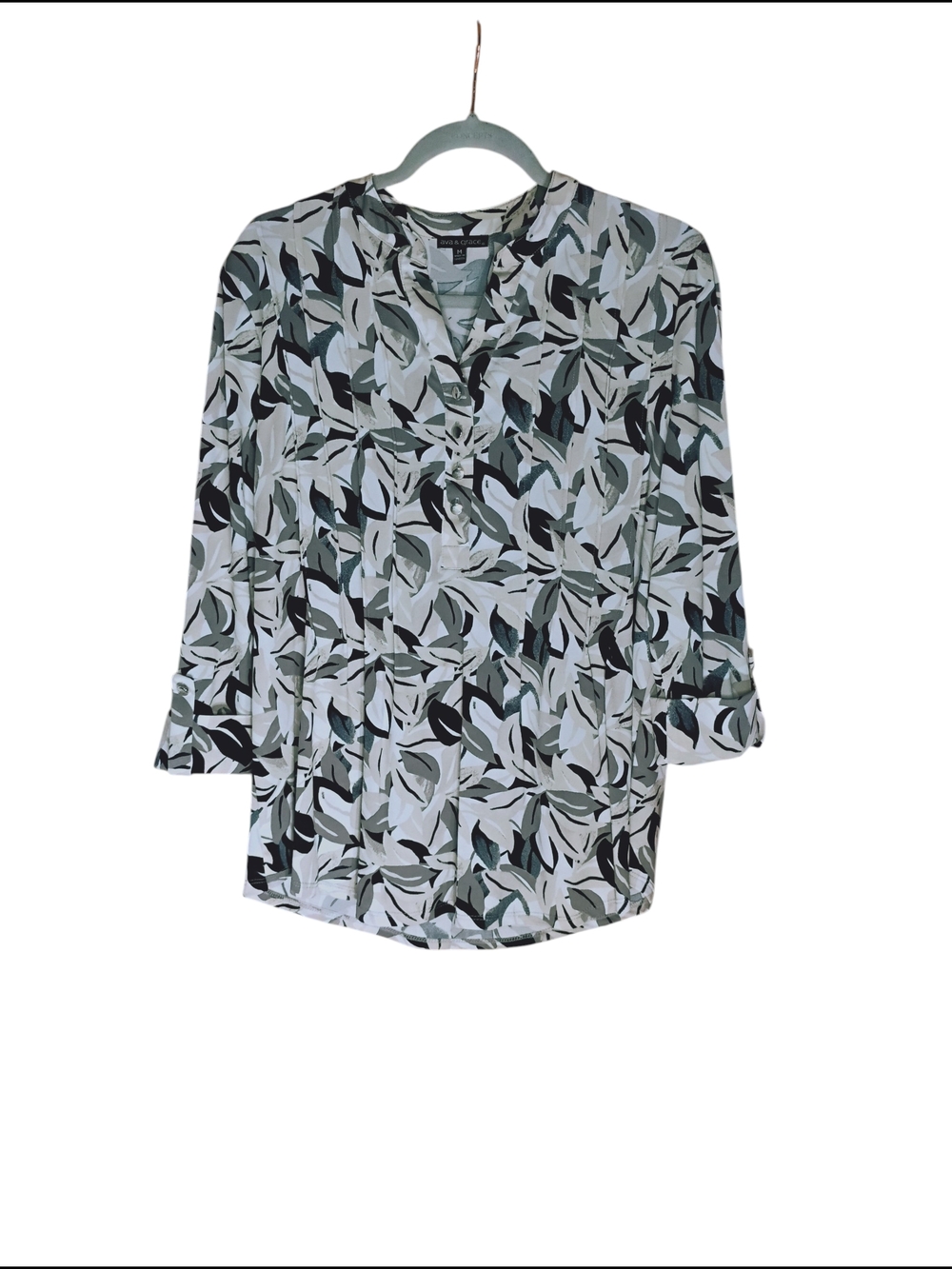 Ava & Grace Earth Tone Leaf Print Henley Blouse with Roll-Tab Sleeves Sz M - Picture 2 of 5